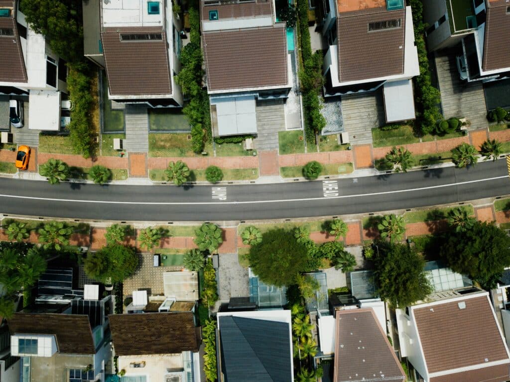 Aerial view of suburban neighborhood.